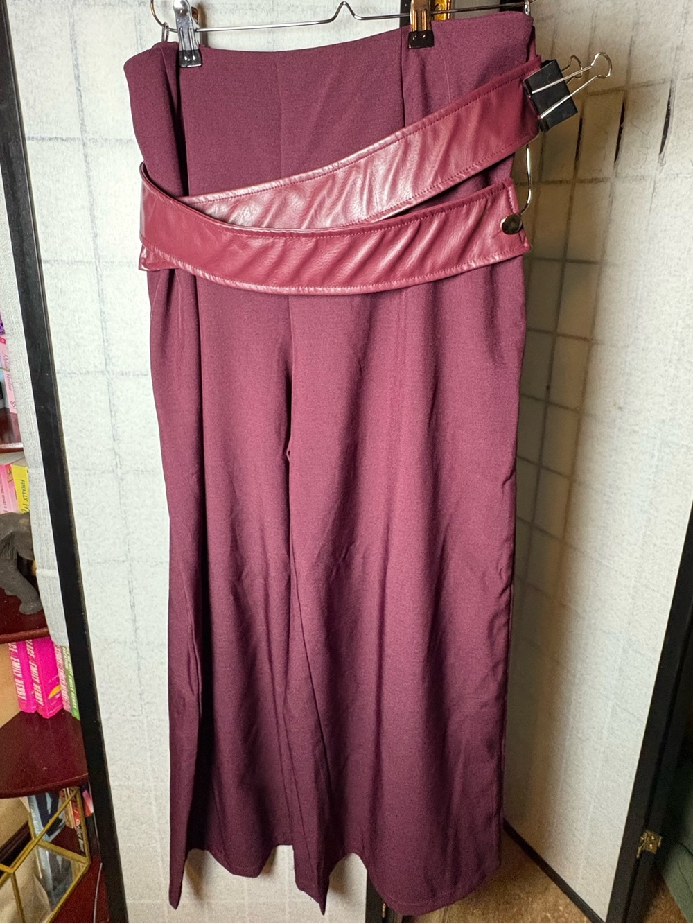 Women's Wine-Colored Wide-Leg Dress with Faux-Leather Waist